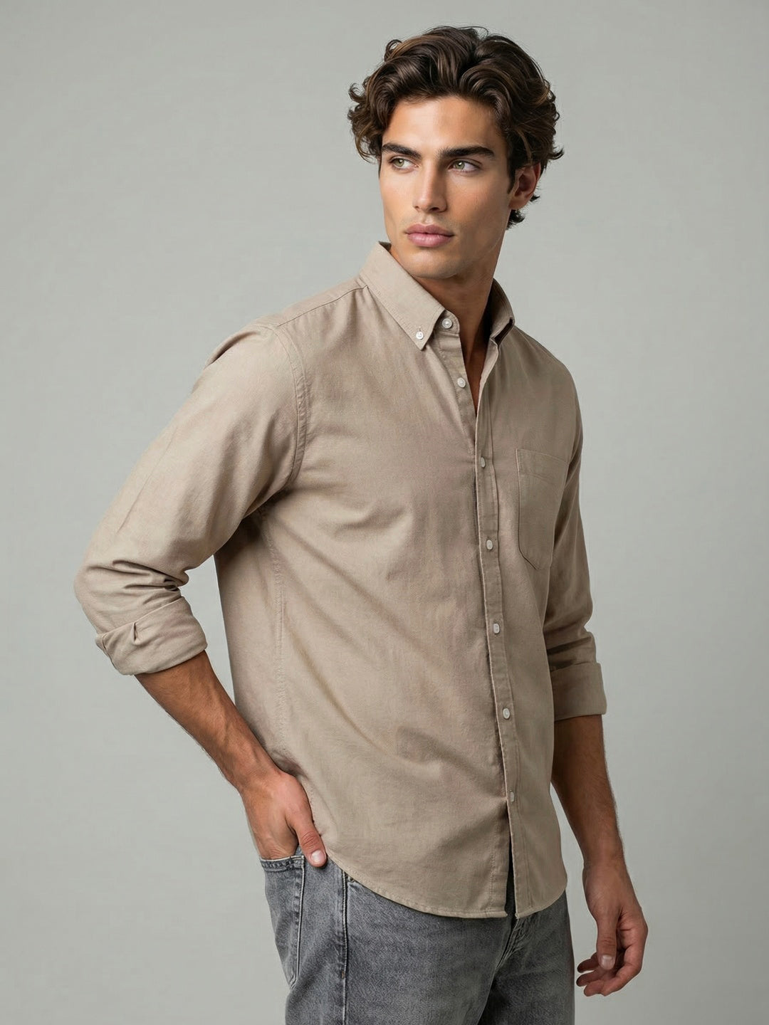 Men's Khaki Cotton Full Sleeve Regular Fit Solid Oxford Shirt With Button-Down Collar