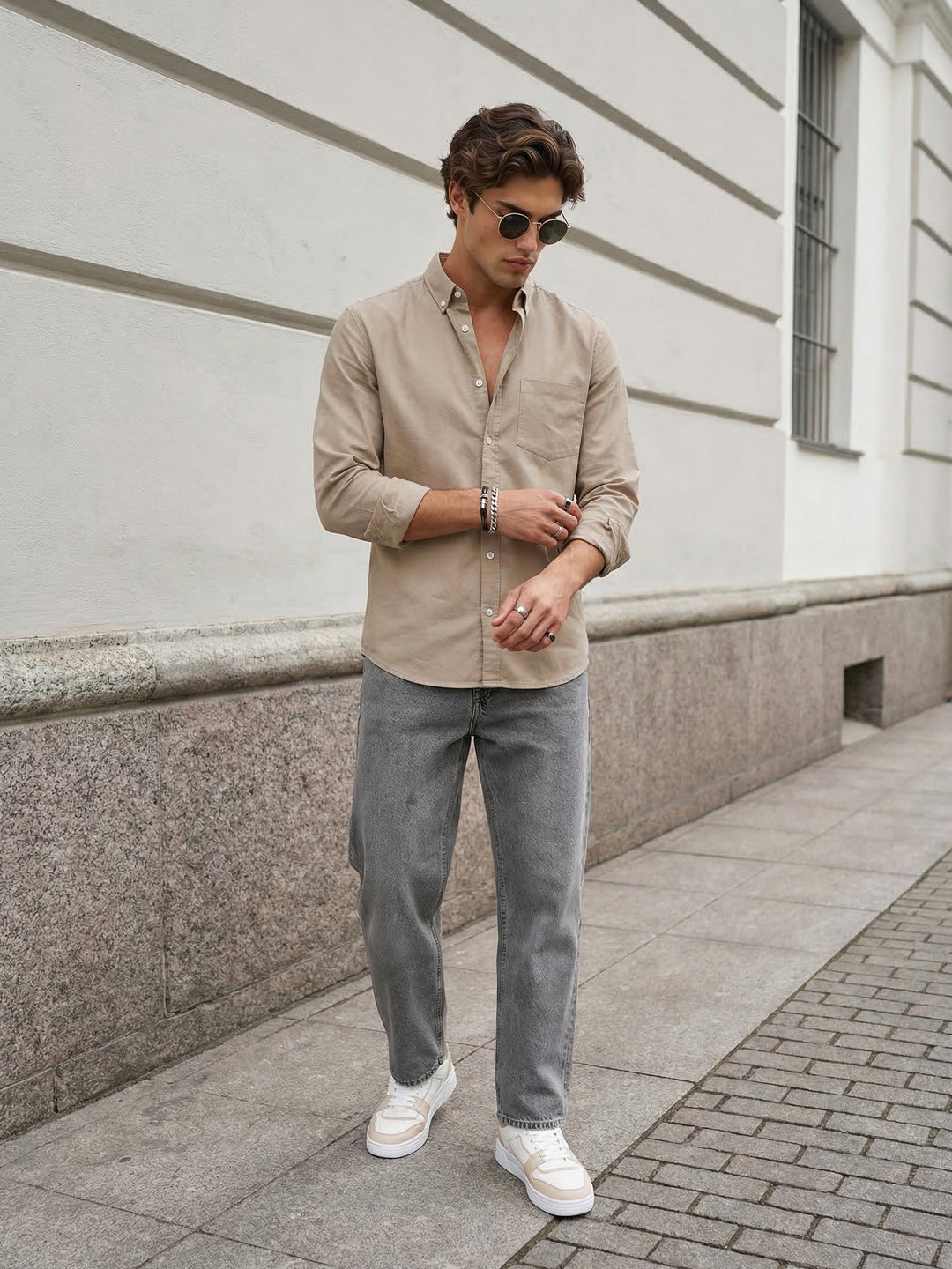 Men's Khaki Cotton Full Sleeve Regular Fit Solid Oxford Shirt With Button-Down Collar