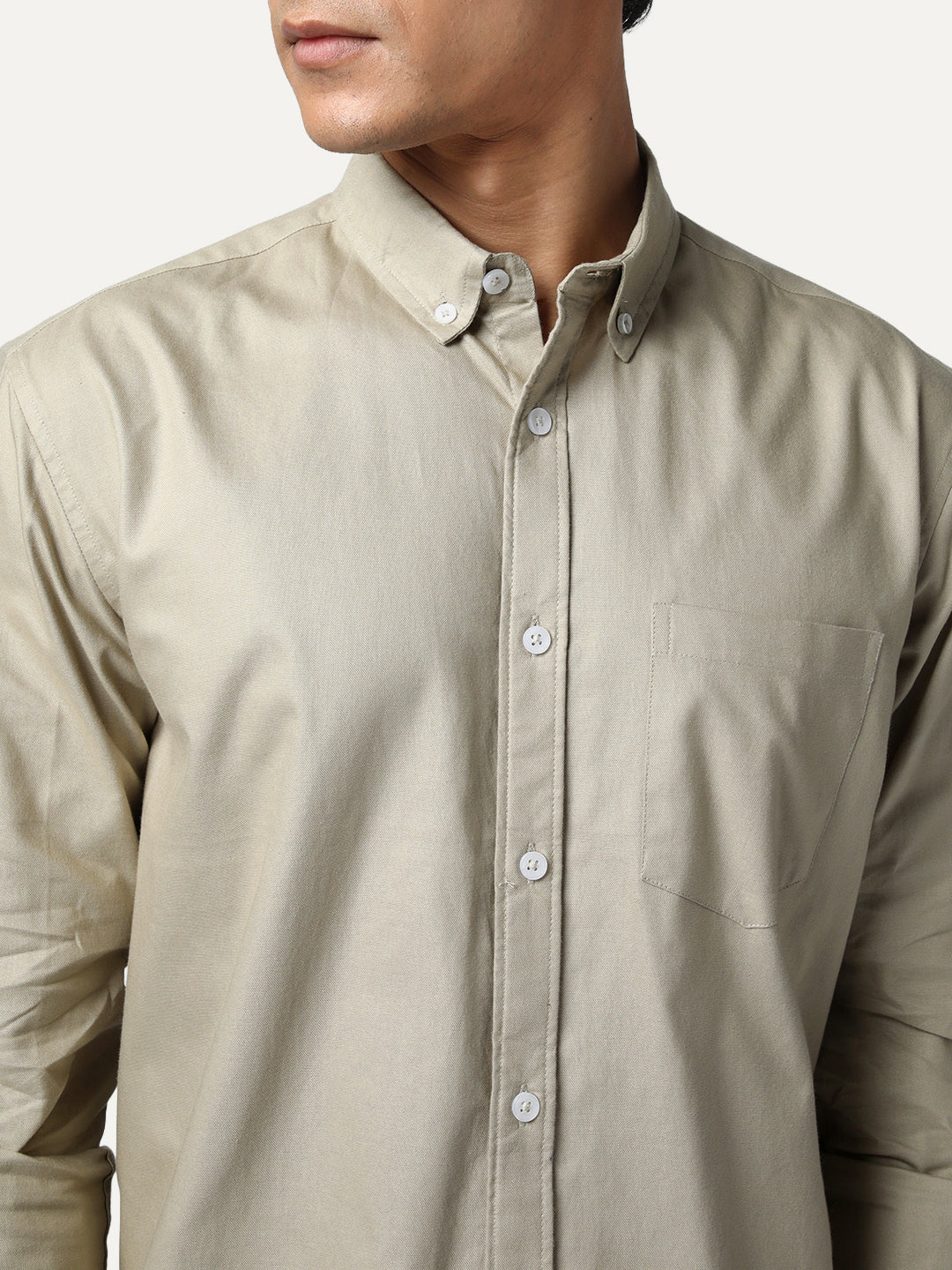Men's Khaki Cotton Full Sleeve Regular Fit Solid Oxford Shirt With Button-Down Collar