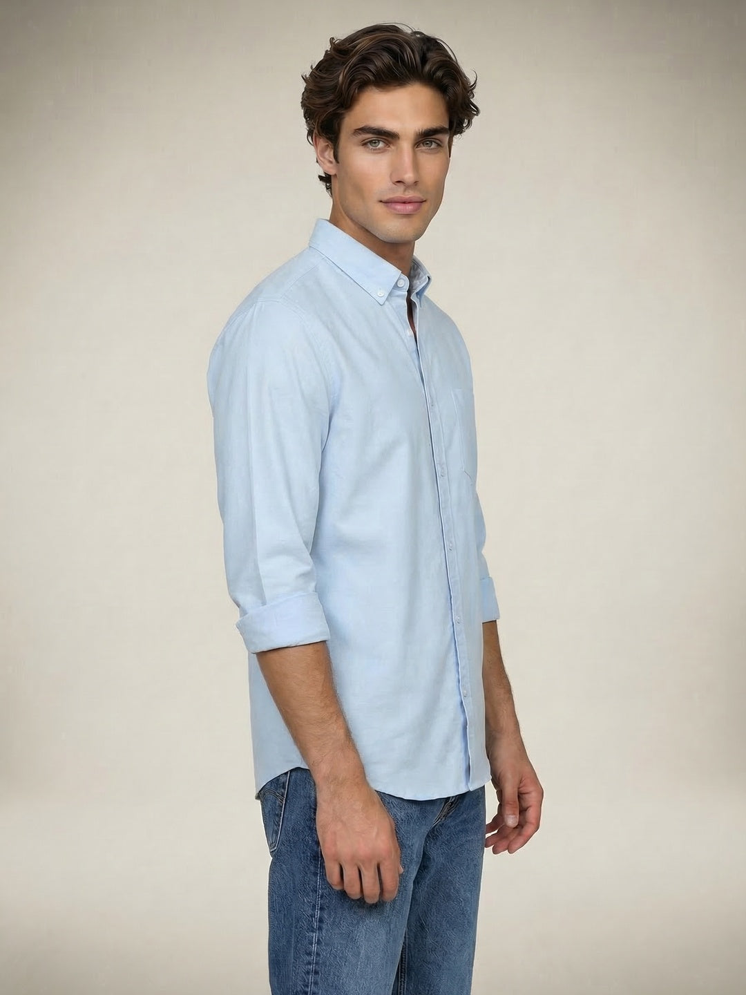 Men's Light Blue Cotton Full Sleeve Regular Fit Solid Oxford Shirt With Button-Down Collar