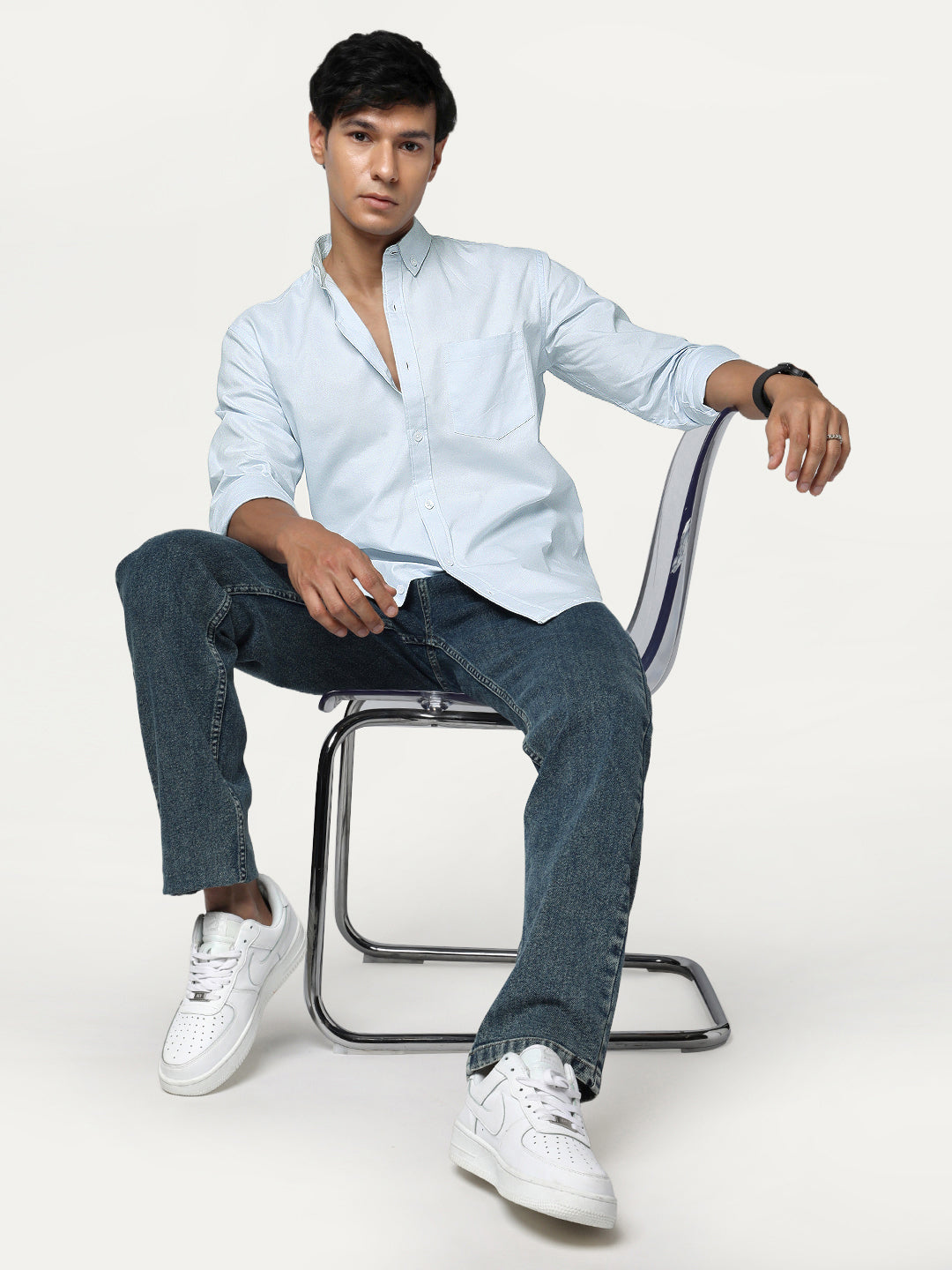 Men's Light Blue Cotton Full Sleeve Regular Fit Solid Oxford Shirt With Button-Down Collar