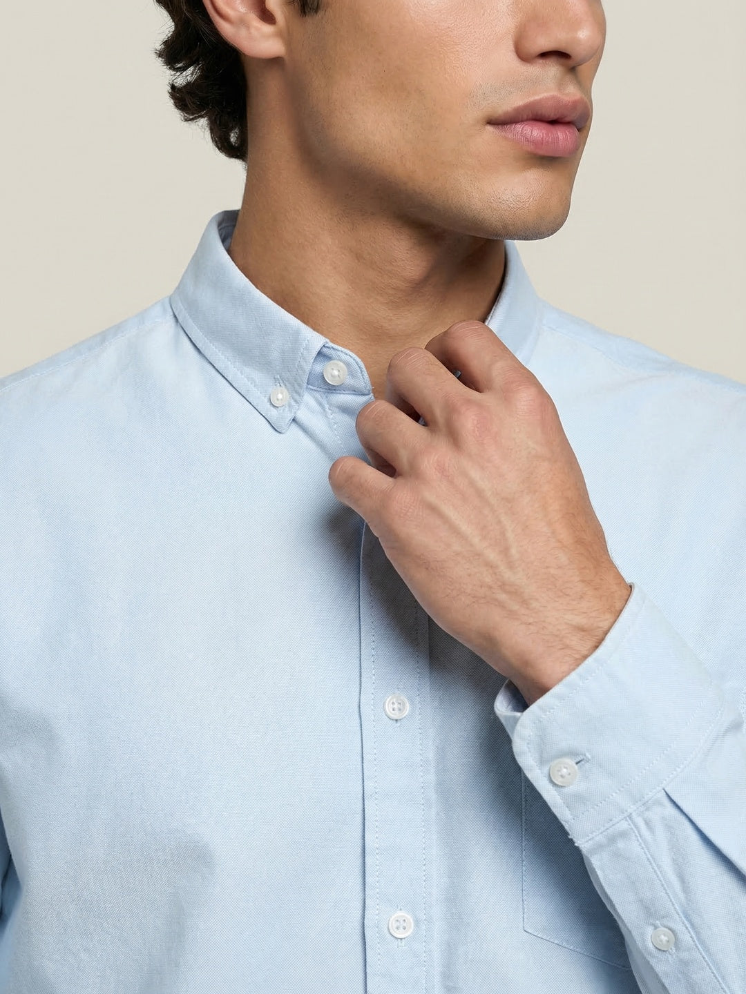 Men's Light Blue Cotton Full Sleeve Regular Fit Solid Oxford Shirt With Button-Down Collar
