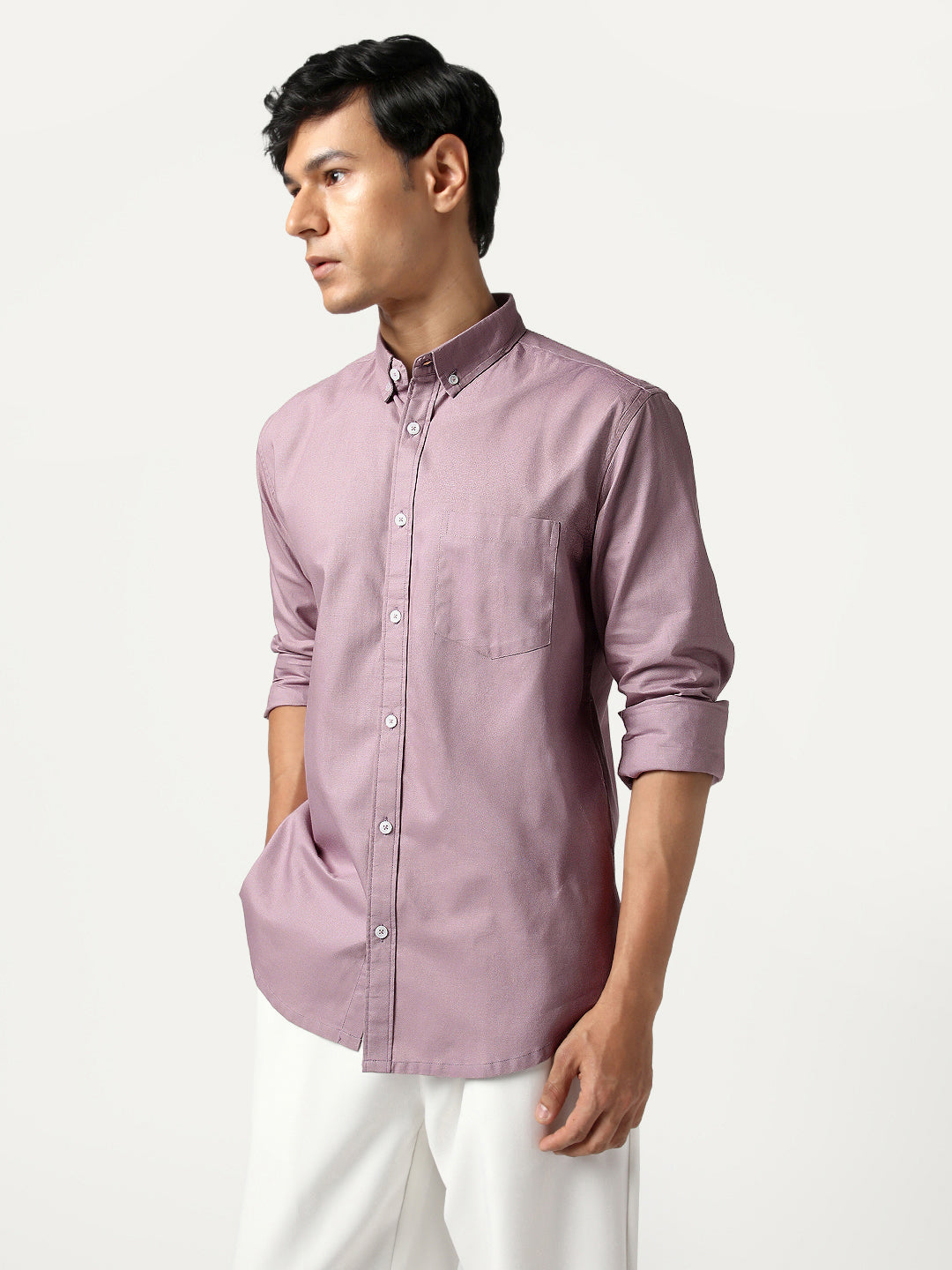 Men's Lilac Cotton Full Sleeve Regular Fit Solid Oxford Shirt With Button-Down Collar
