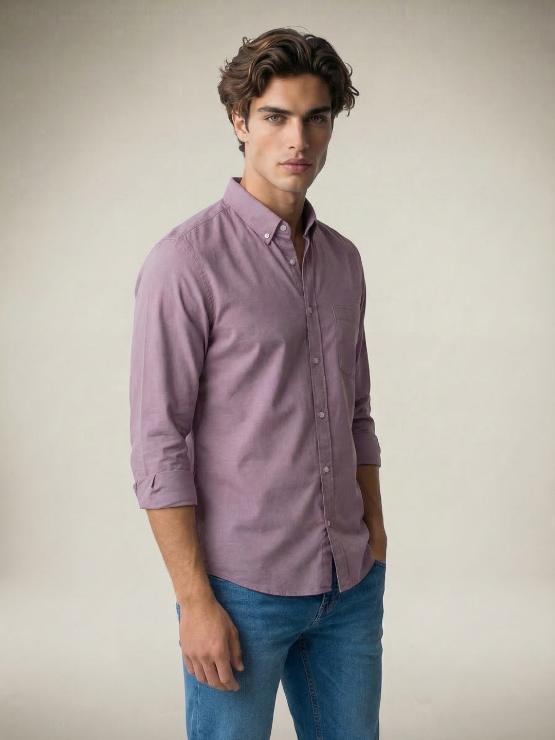 Men's Lilac Cotton Full Sleeve Regular Fit Solid Oxford Shirt With Button-Down Collar
