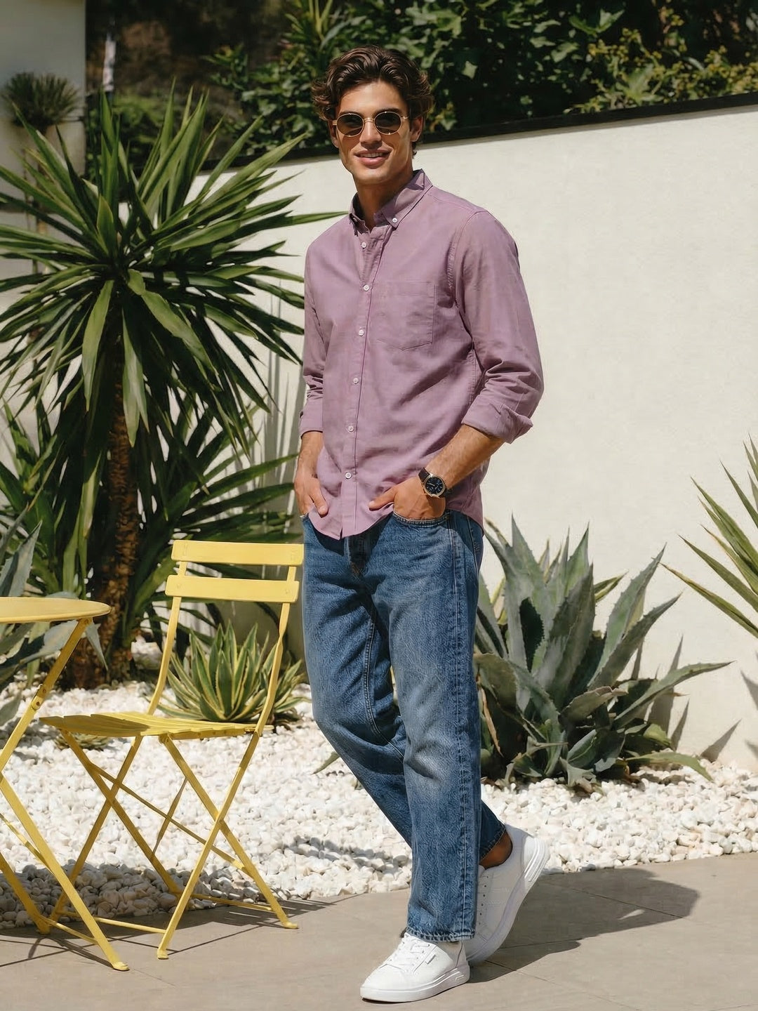 Men's Lilac Cotton Full Sleeve Regular Fit Solid Oxford Shirt With Button-Down Collar