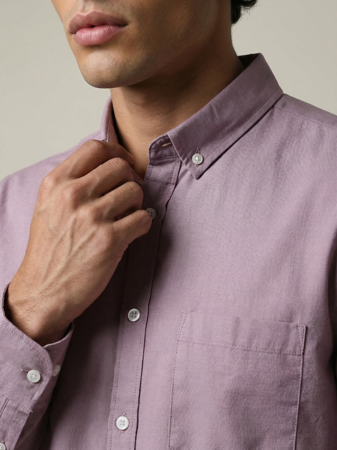 Men's Lilac Cotton Full Sleeve Regular Fit Solid Oxford Shirt With Button-Down Collar