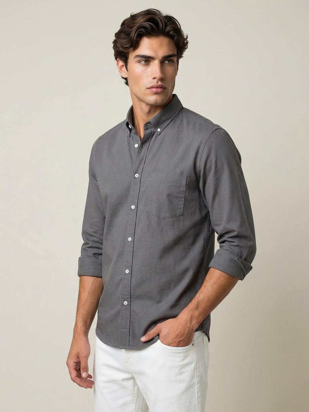 Men's Grey Cotton Full Sleeve Regular Fit Solid Oxford Shirt With Button-Down Collar