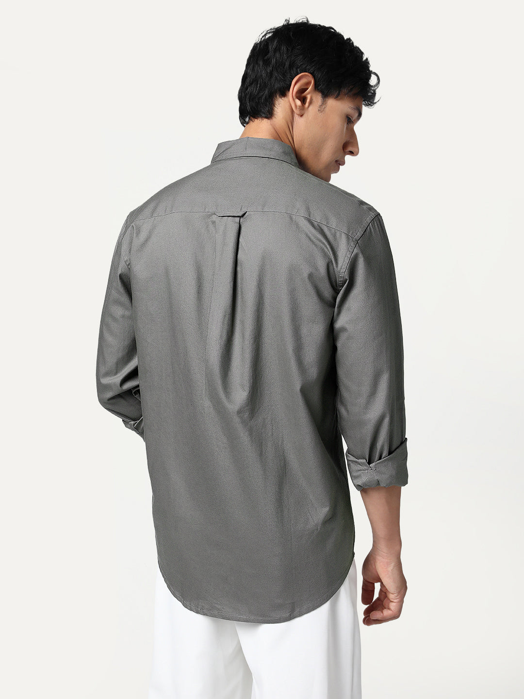 Men's Grey Cotton Full Sleeve Regular Fit Solid Oxford Shirt With Button-Down Collar