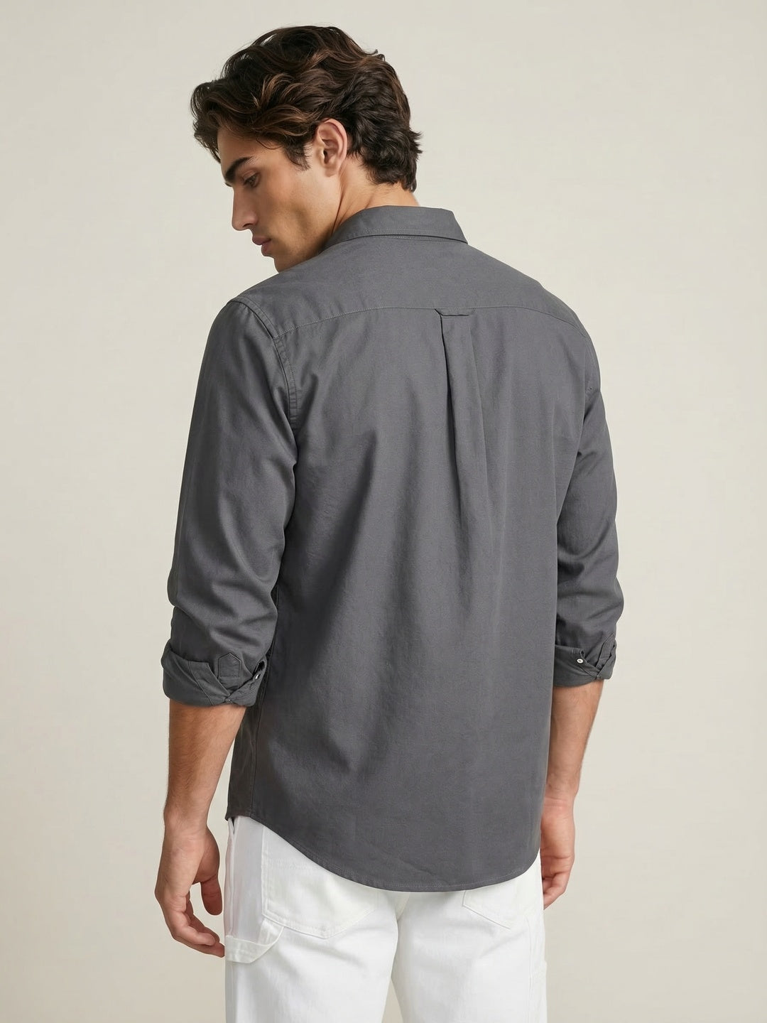 Men's Grey Cotton Full Sleeve Regular Fit Solid Oxford Shirt With Button-Down Collar