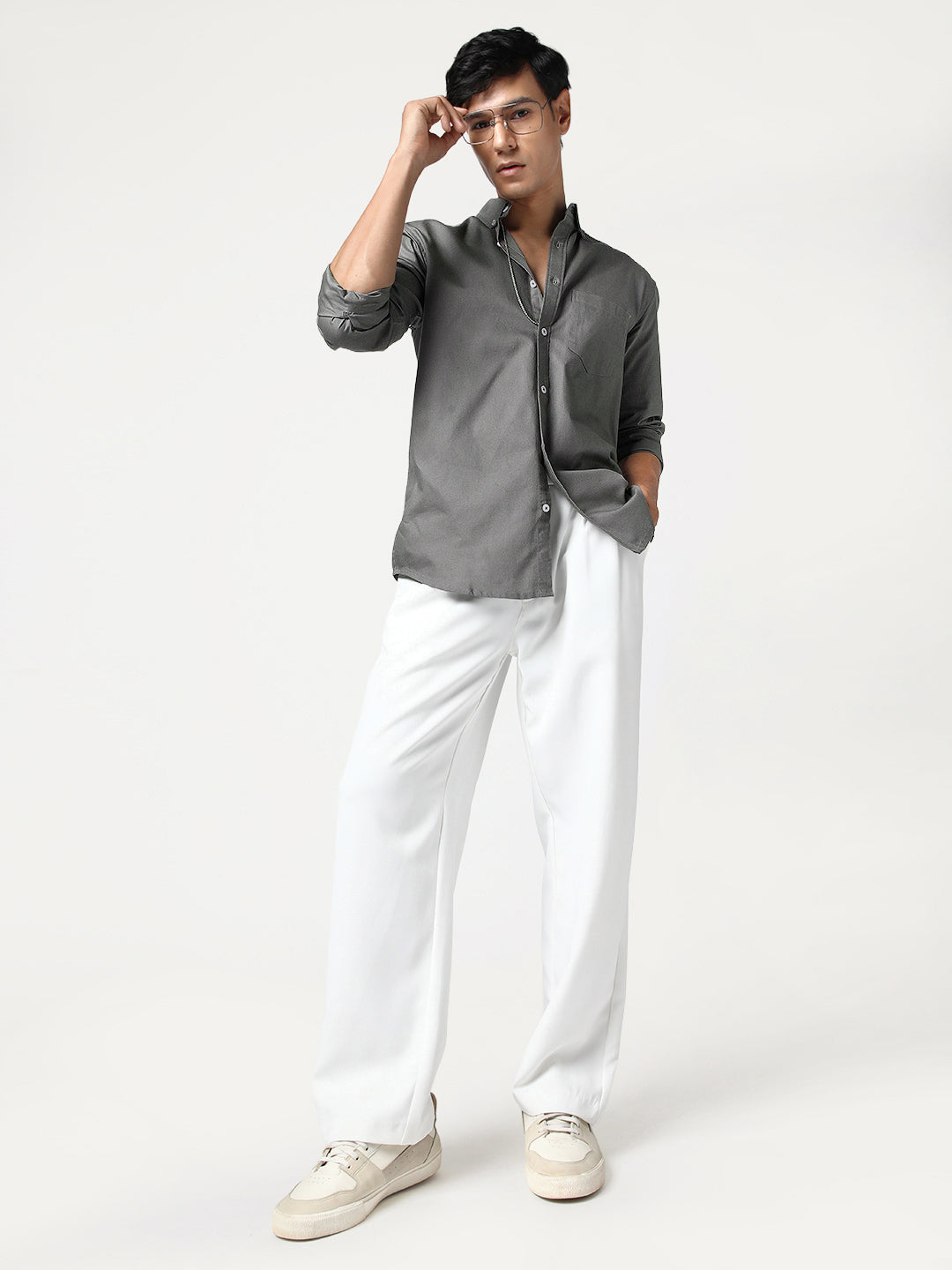 Men's Grey Cotton Full Sleeve Regular Fit Solid Oxford Shirt With Button-Down Collar