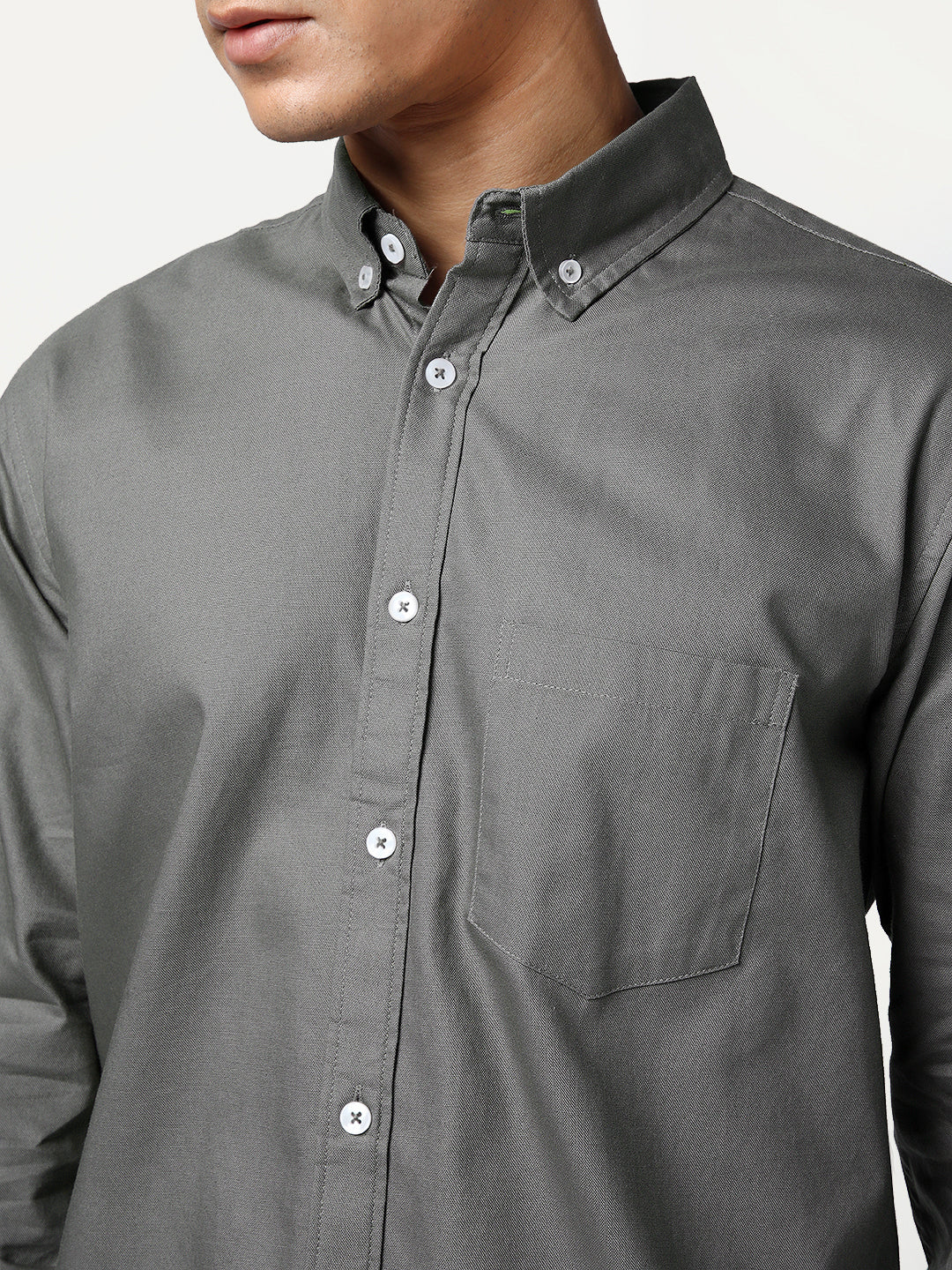 Men's Grey Cotton Full Sleeve Regular Fit Solid Oxford Shirt With Button-Down Collar