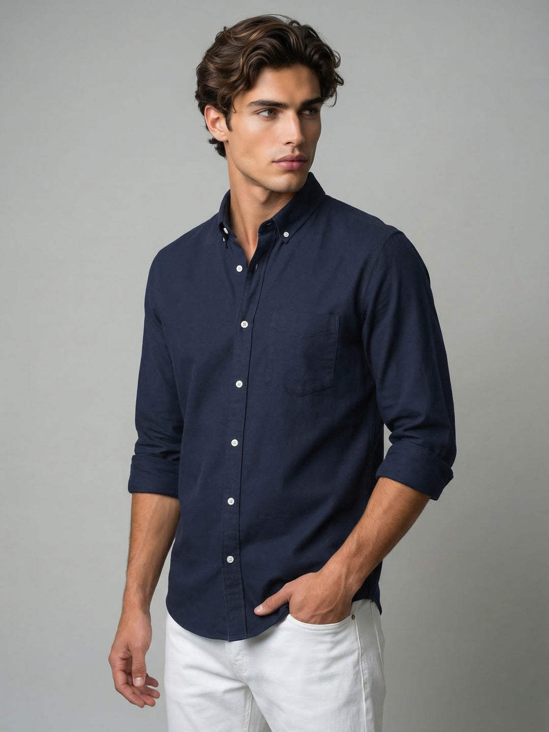 Men's Navy Cotton Full Sleeve Regular Fit Solid Oxford Shirt With Button-Down Collar