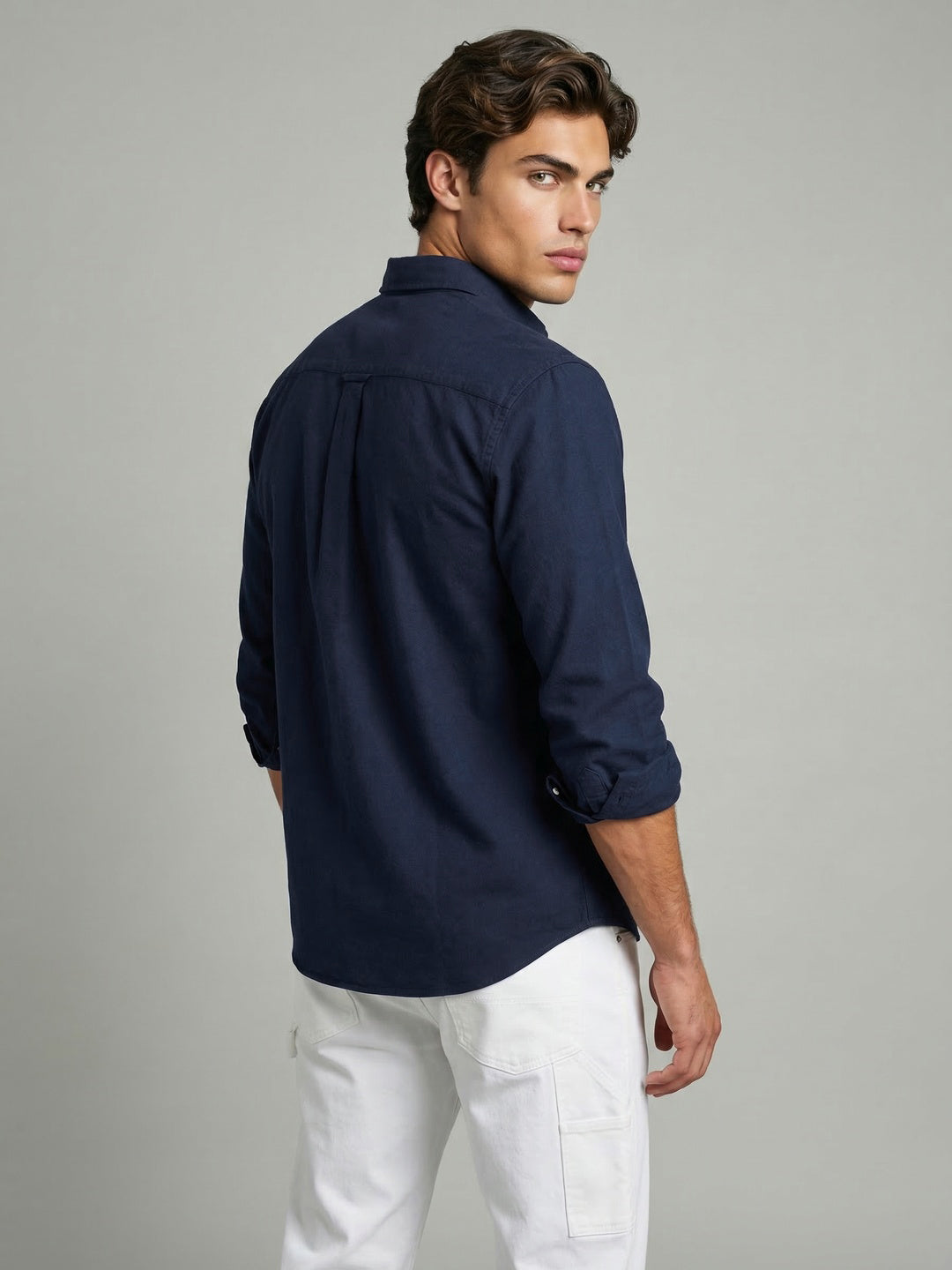 Men's Navy Cotton Full Sleeve Regular Fit Solid Oxford Shirt With Button-Down Collar