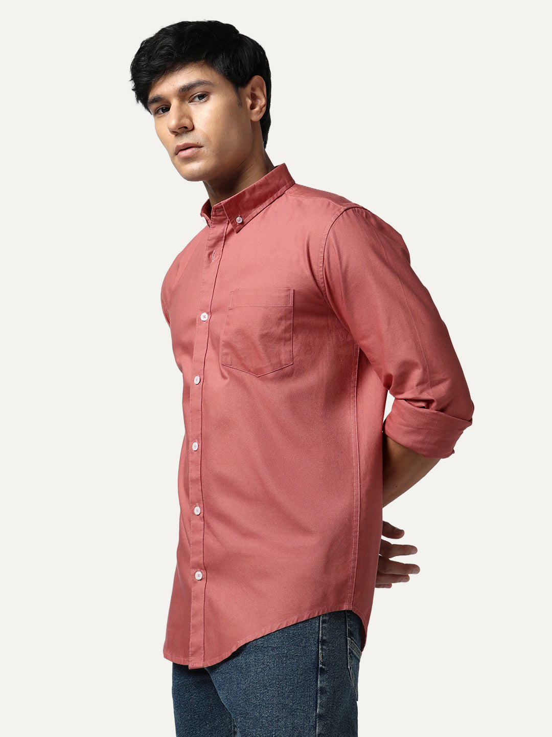Men's Peach Cotton Full Sleeve Regular Fit Solid Oxford Shirt With Button-Down Collar