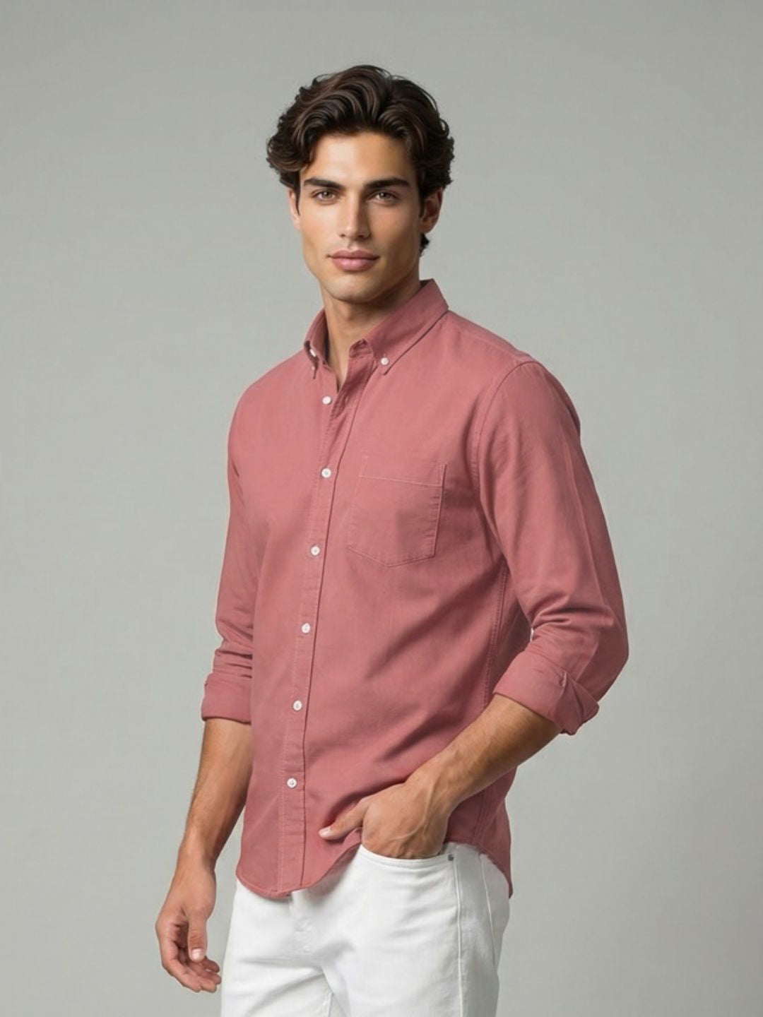 Men's Peach Cotton Full Sleeve Regular Fit Solid Oxford Shirt With Button-Down Collar