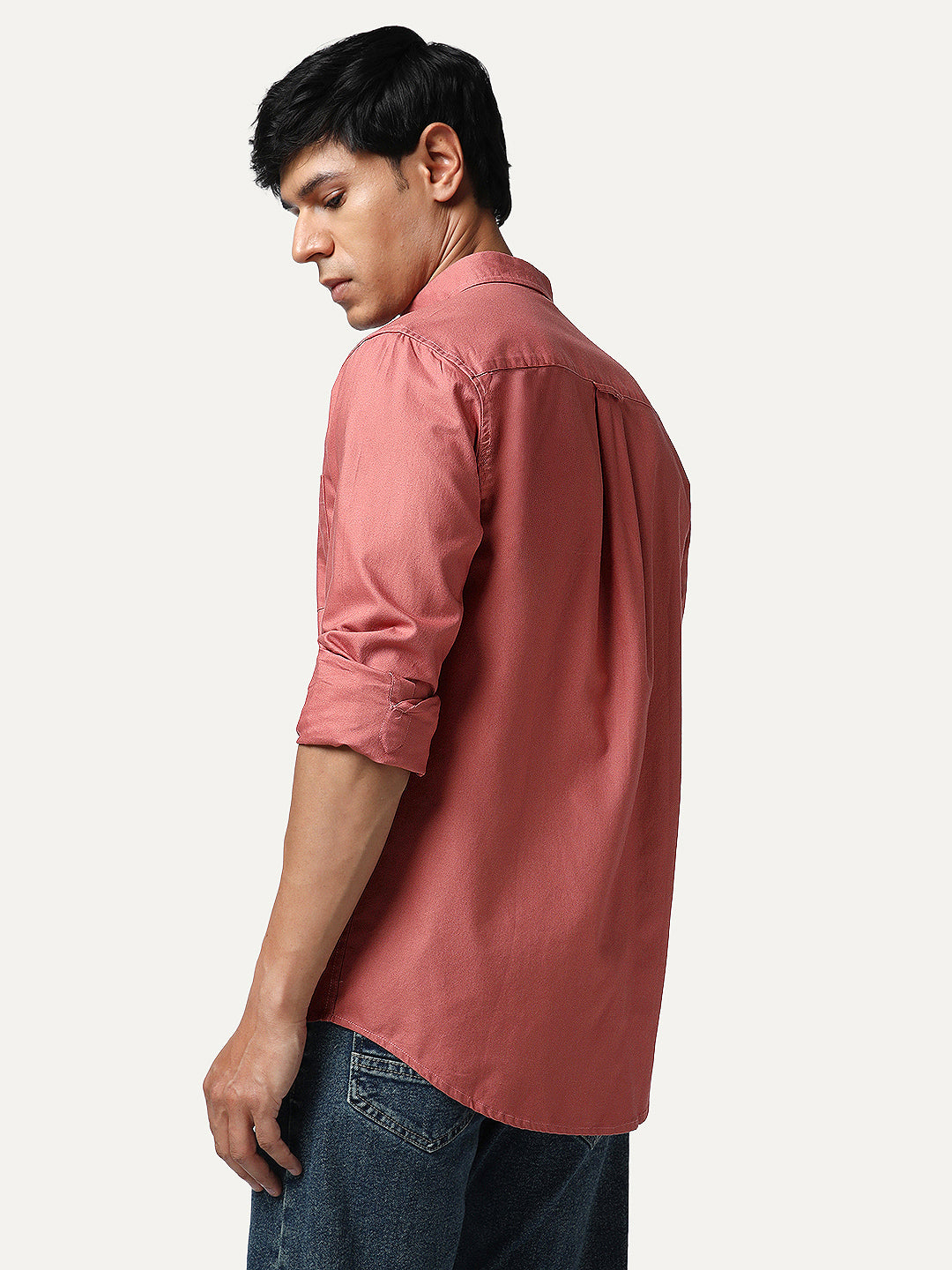 Men's Peach Cotton Full Sleeve Regular Fit Solid Oxford Shirt With Button-Down Collar