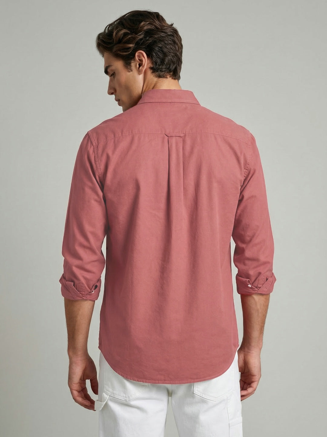 Men's Peach Cotton Full Sleeve Regular Fit Solid Oxford Shirt With Button-Down Collar