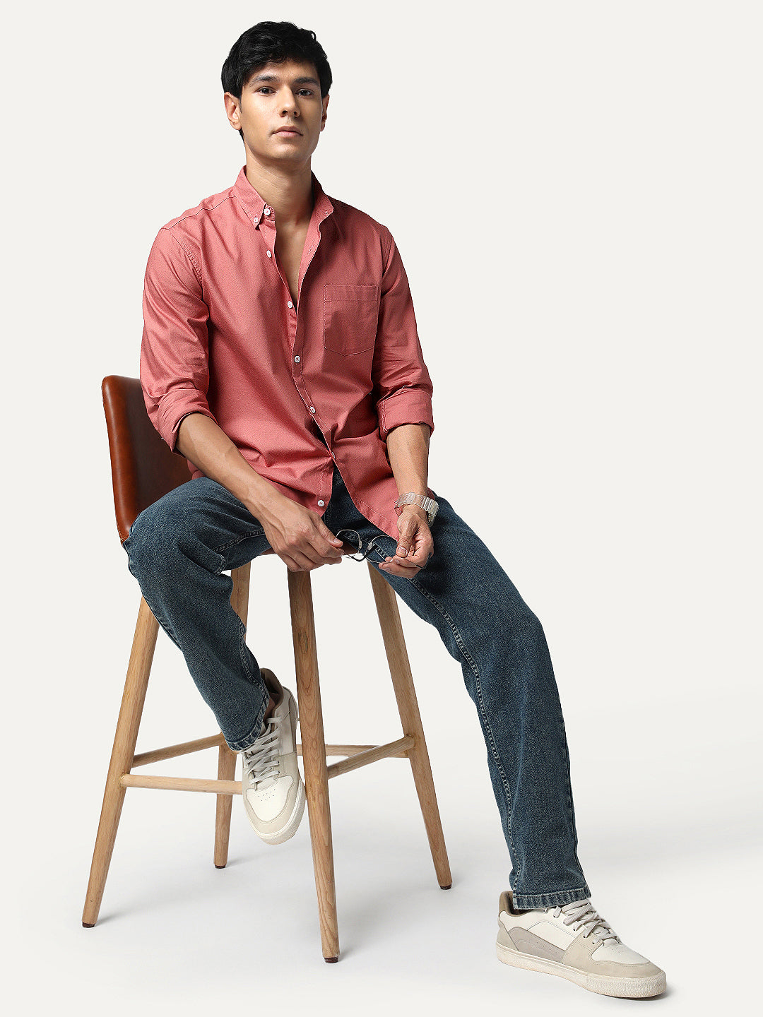 Men's Peach Cotton Full Sleeve Regular Fit Solid Oxford Shirt With Button-Down Collar