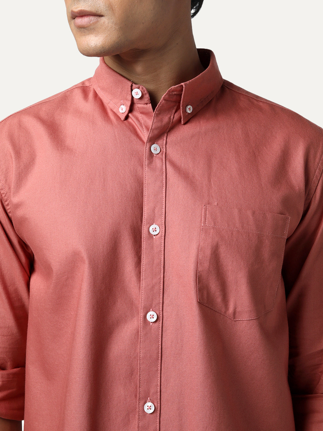 Men's Peach Cotton Full Sleeve Regular Fit Solid Oxford Shirt With Button-Down Collar