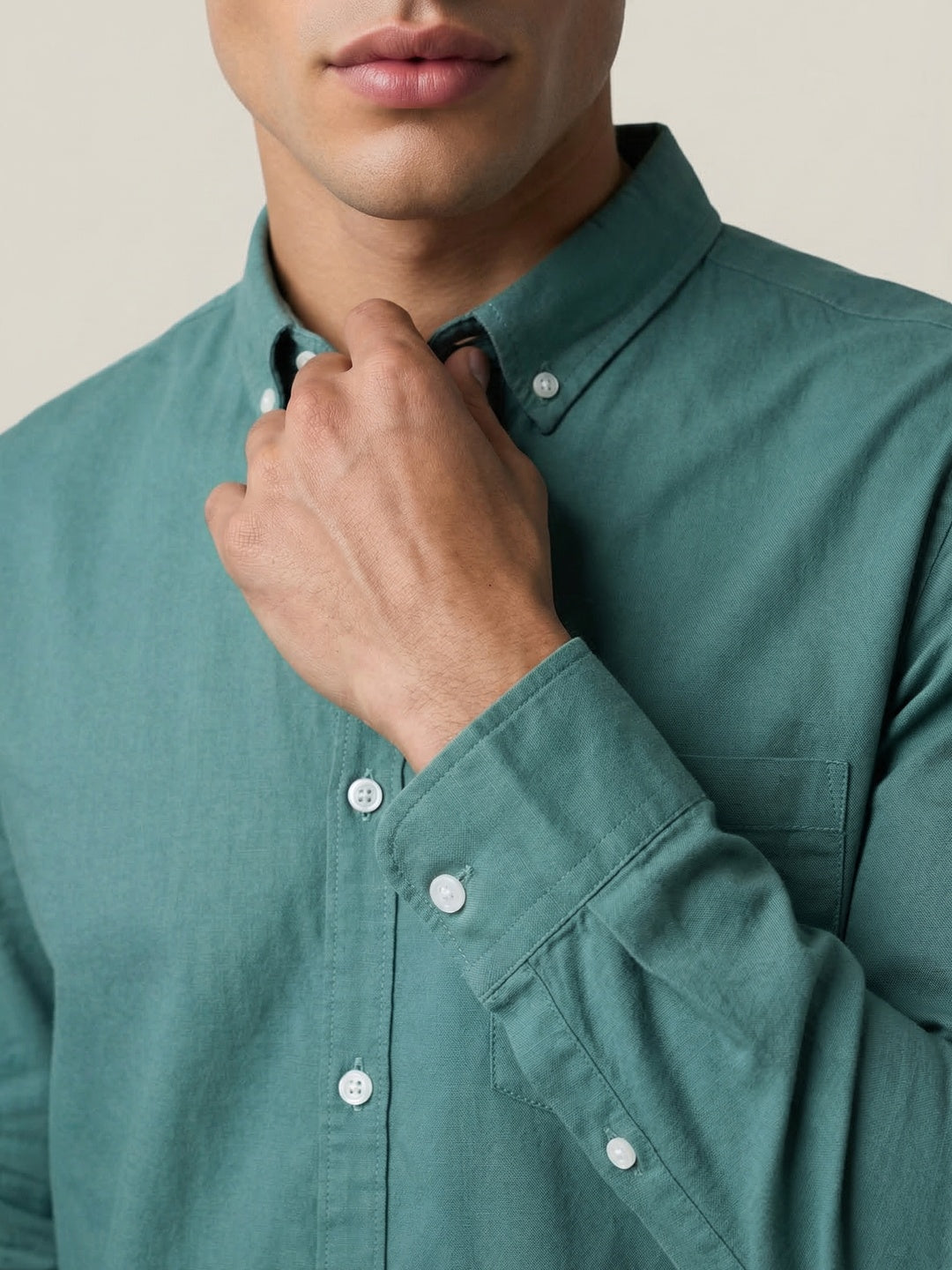 Men's Teal Green Cotton Full Sleeve Regular Fit Solid Oxford Shirt With Button-Down Collar