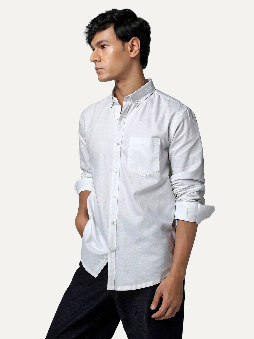 Men's White Cotton Full Sleeve Regular Fit Solid Oxford Shirt With Button-Down Collar