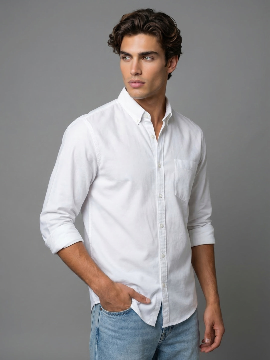Men's White Cotton Full Sleeve Regular Fit Solid Oxford Shirt With Button-Down Collar