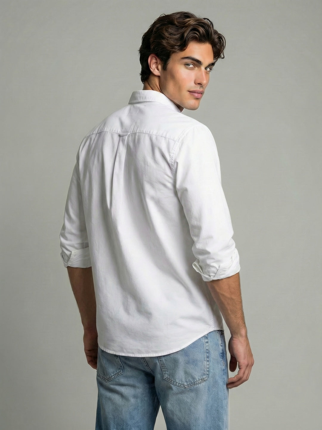 Men's White Cotton Full Sleeve Regular Fit Solid Oxford Shirt With Button-Down Collar