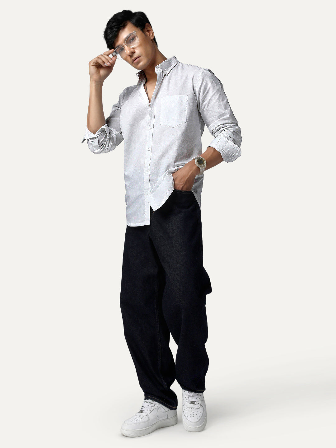 Men's White Cotton Full Sleeve Regular Fit Solid Oxford Shirt With Button-Down Collar