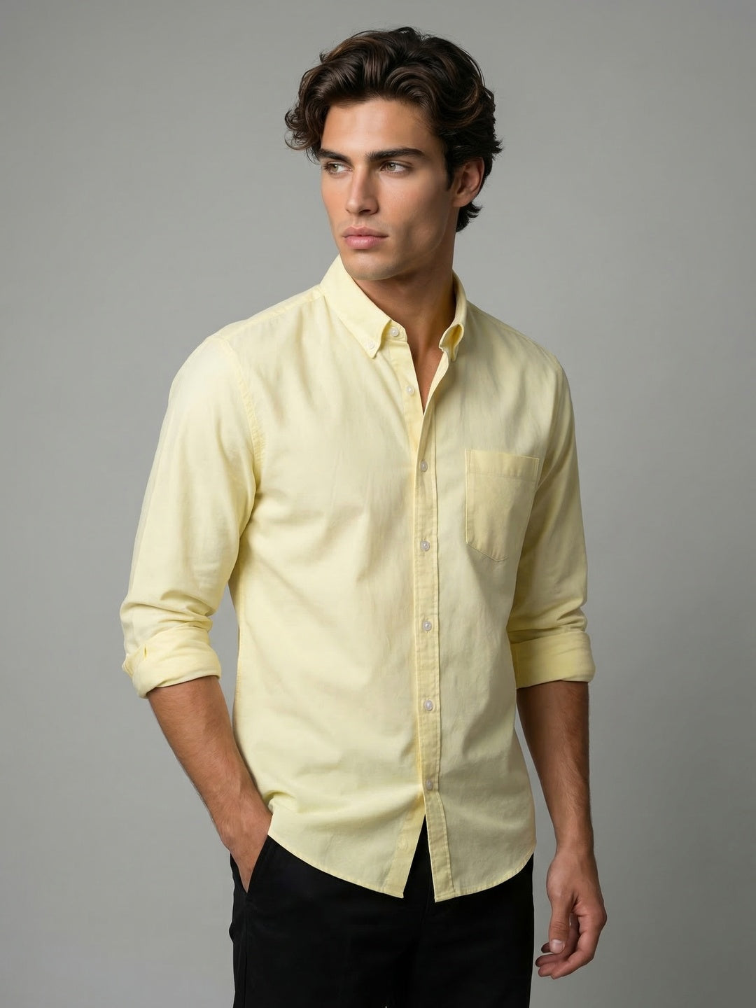 Men's Yellow Cotton Full Sleeve Regular Fit Solid Oxford Shirt With Button-Down Collar