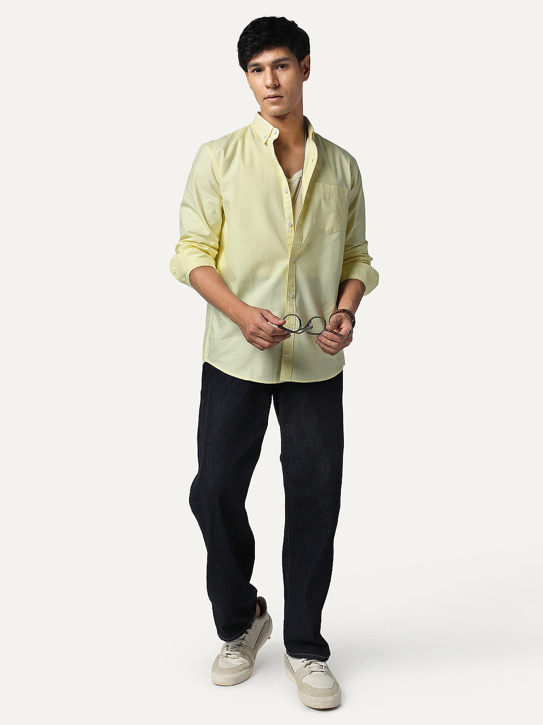 Men's Yellow Cotton Full Sleeve Regular Fit Solid Oxford Shirt With Button-Down Collar