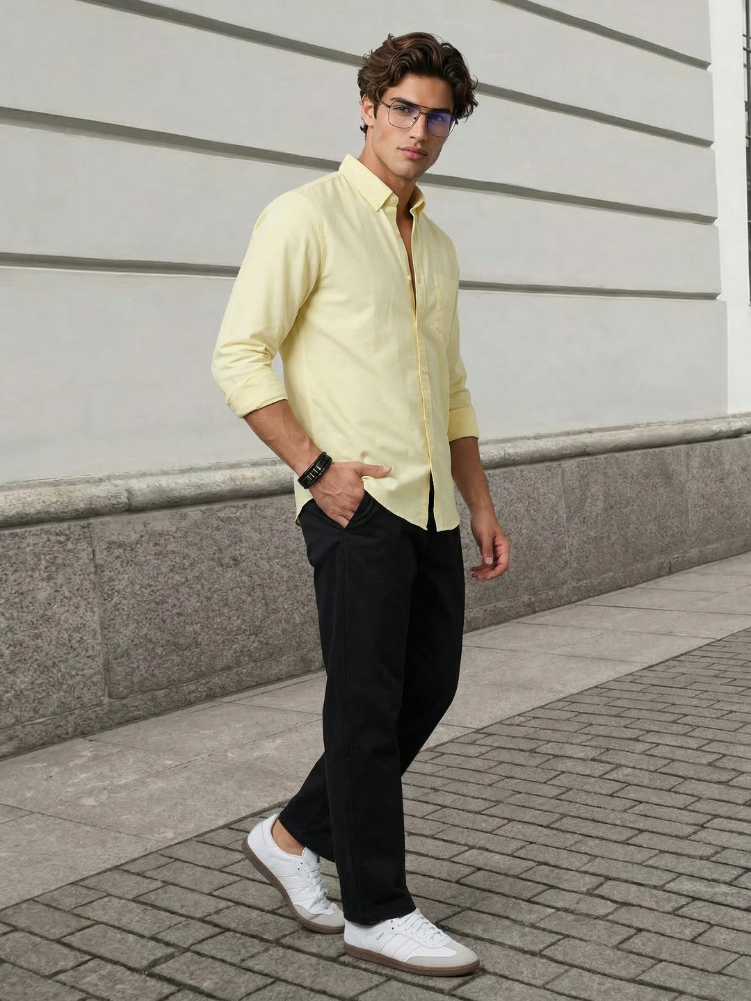 Men's Yellow Cotton Full Sleeve Regular Fit Solid Oxford Shirt With Button-Down Collar