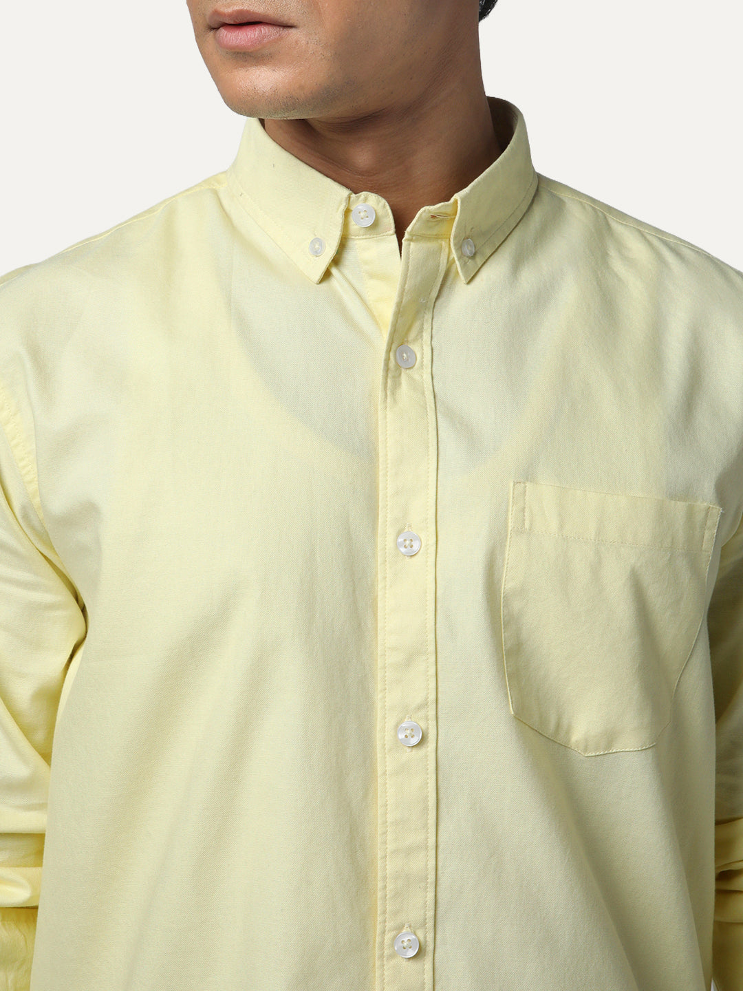 Men's Yellow Cotton Full Sleeve Regular Fit Solid Oxford Shirt With Button-Down Collar