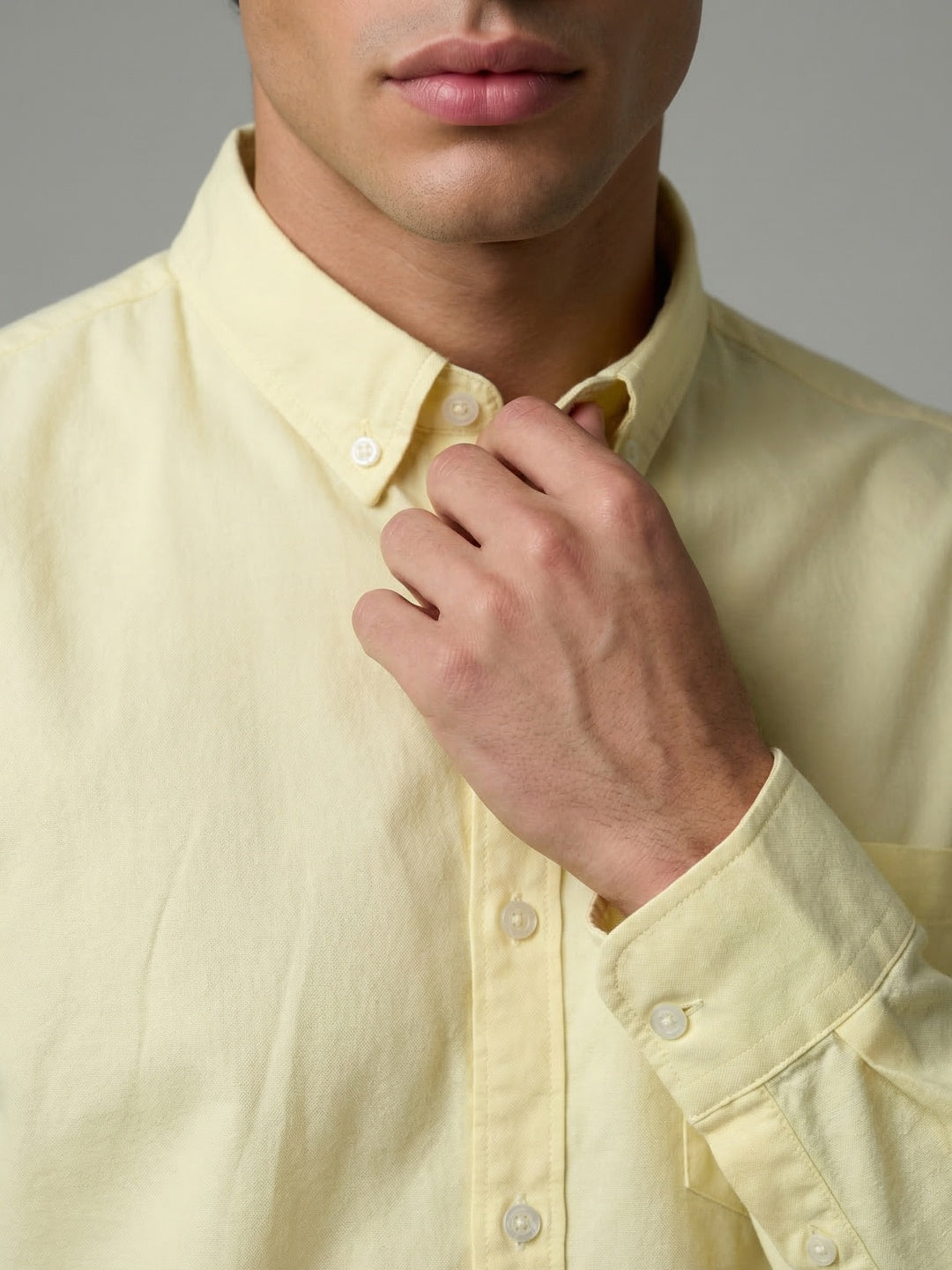 Men's Yellow Cotton Full Sleeve Regular Fit Solid Oxford Shirt With Button-Down Collar