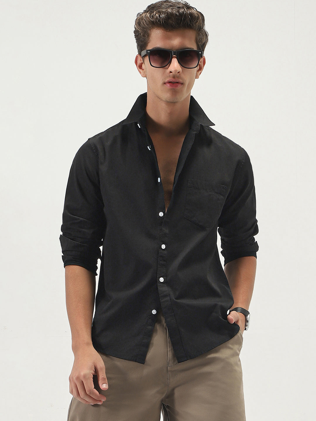 Men's Black Cotton Full Sleeve Regular Fit Casual Solid Slub Shirt with Spread Collar