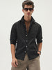 Men's Black Cotton Full Sleeve Regular Fit Casual Solid Slub Shirt with Spread Collar