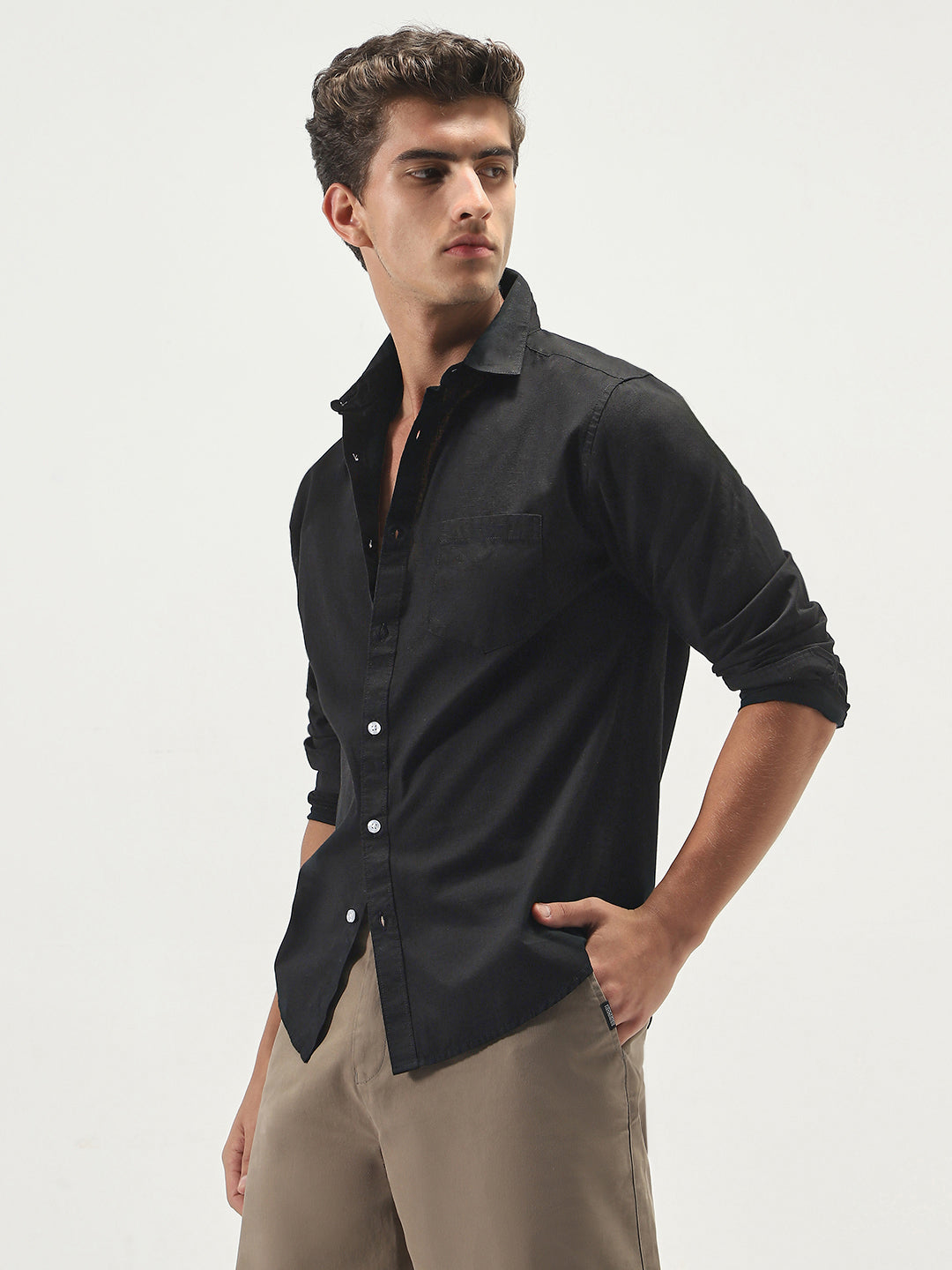 Men's Black Cotton Full Sleeve Regular Fit Casual Solid Slub Shirt with Spread Collar