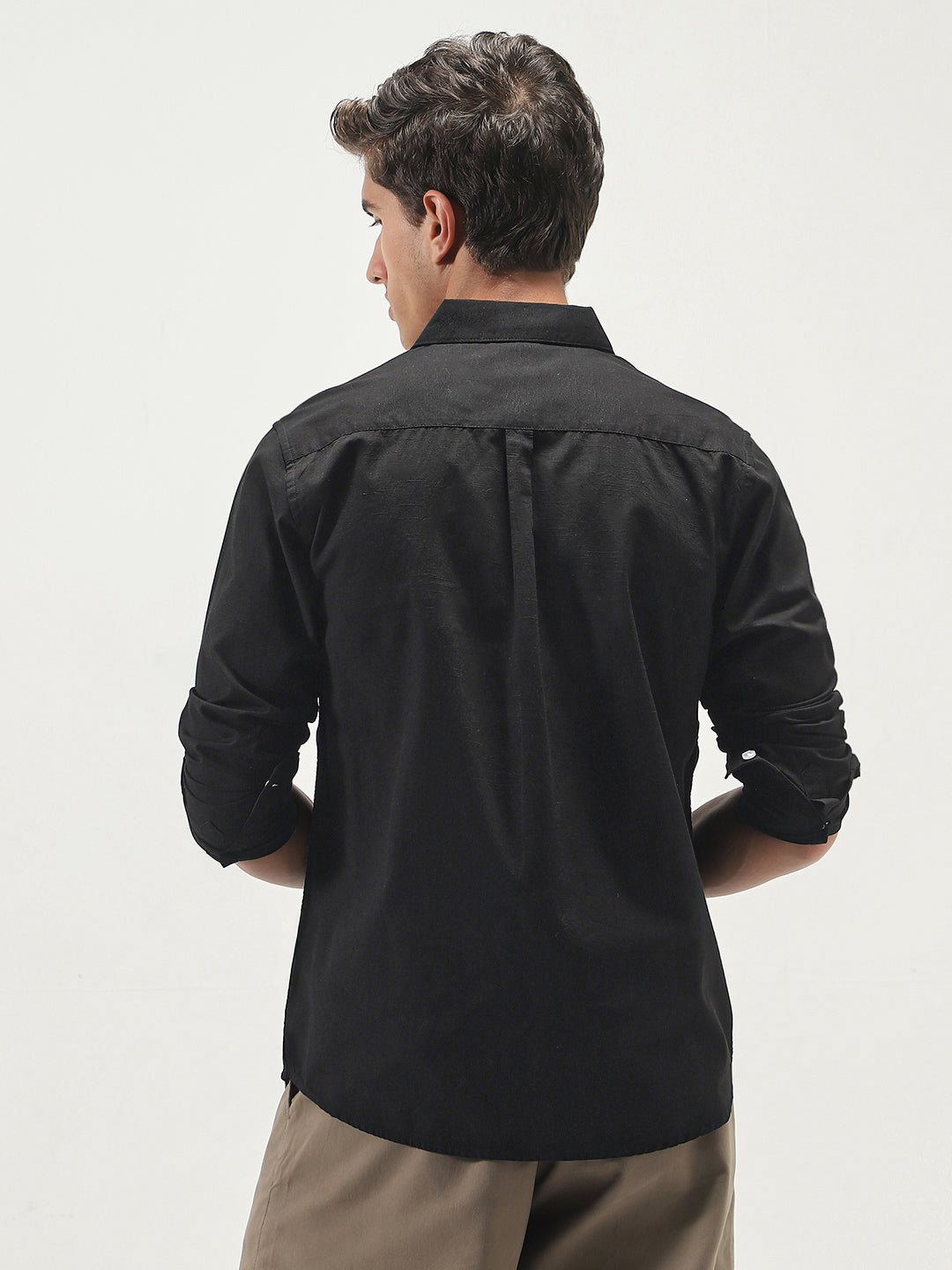 Men's Black Cotton Full Sleeve Regular Fit Casual Solid Slub Shirt with Spread Collar