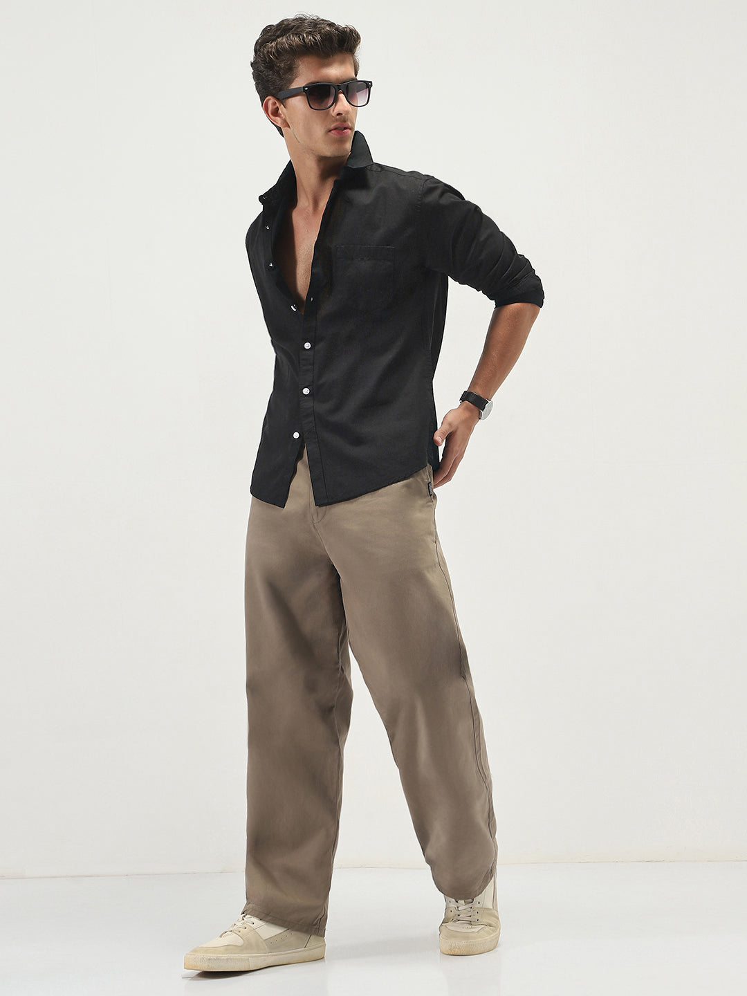 Men's Black Cotton Full Sleeve Regular Fit Casual Solid Slub Shirt with Spread Collar