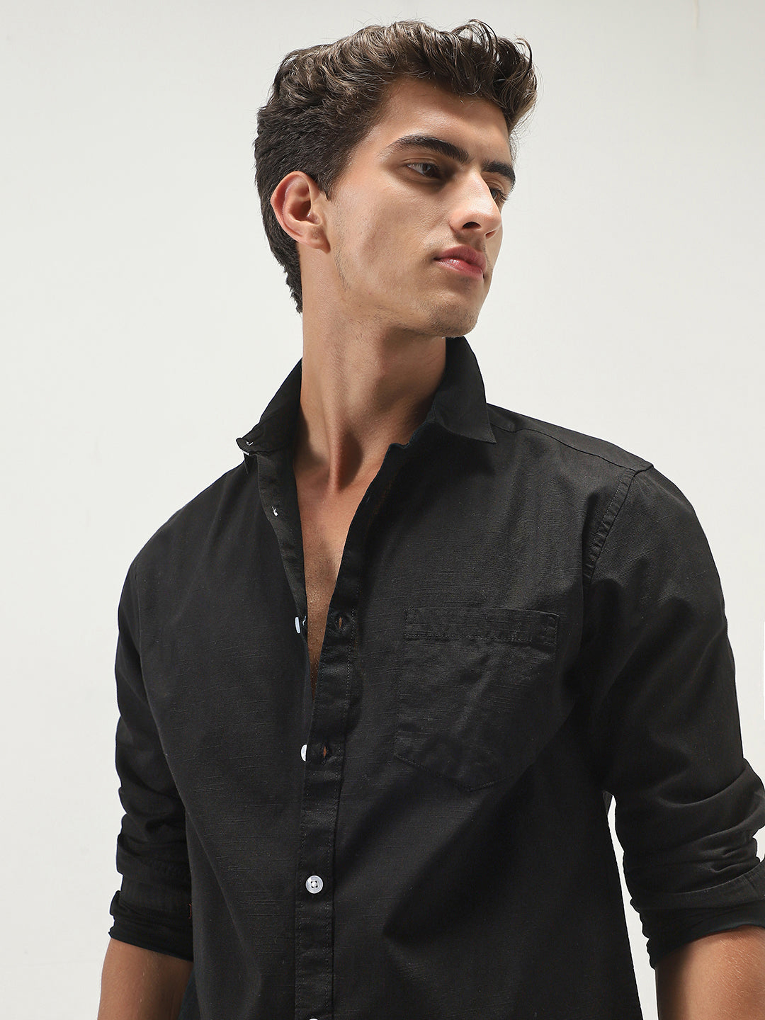Men's Black Cotton Full Sleeve Regular Fit Casual Solid Slub Shirt with Spread Collar