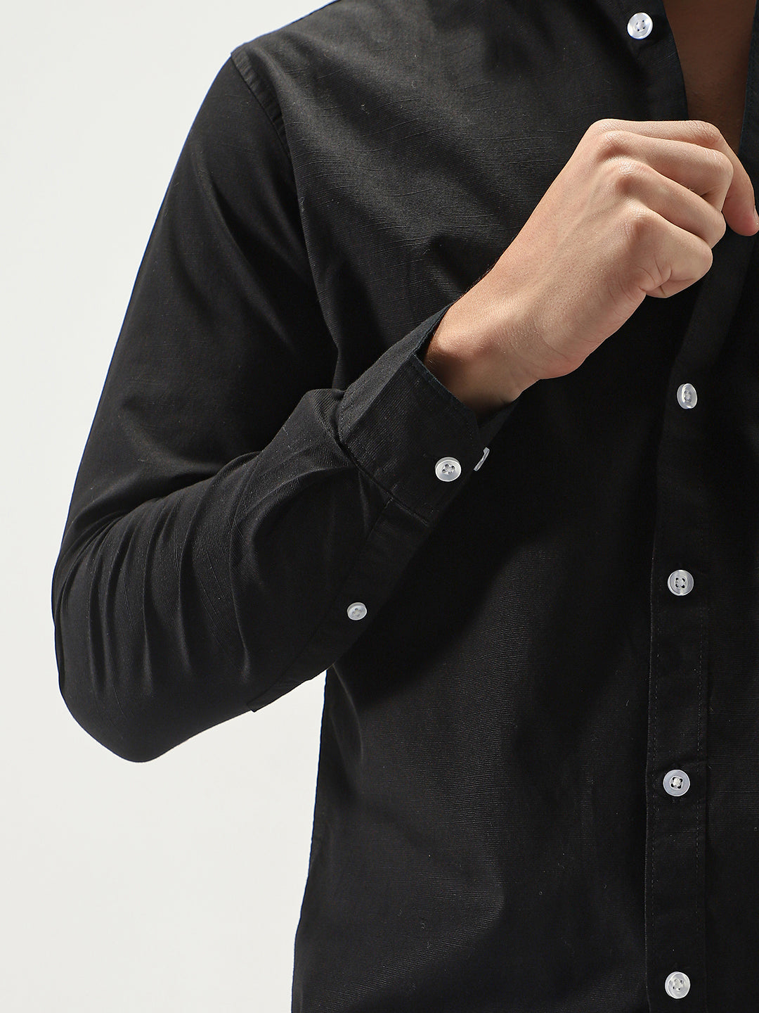 Men's Black Cotton Full Sleeve Regular Fit Casual Solid Slub Shirt with Spread Collar