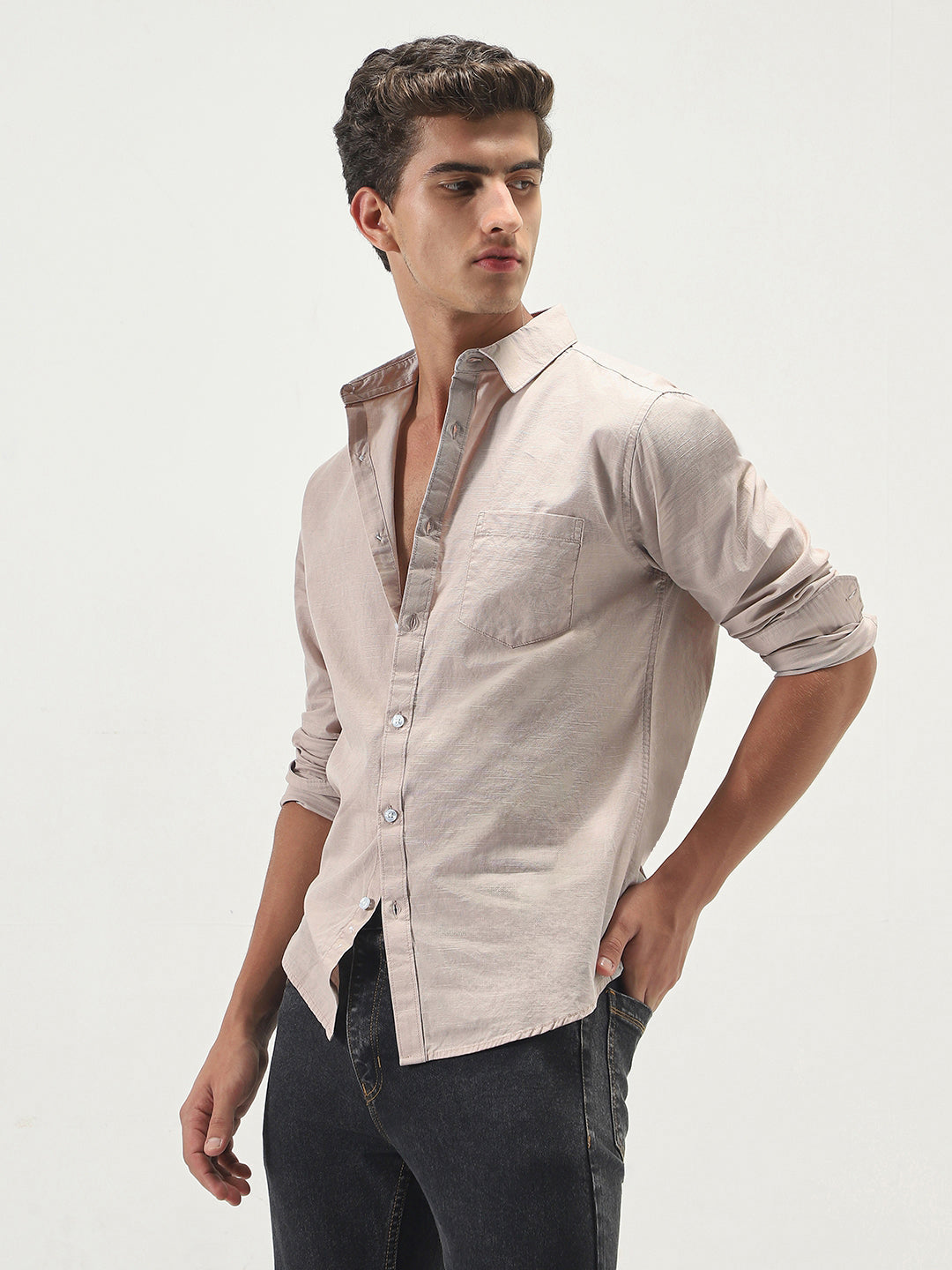 Men's Brown Cotton Full Sleeve Regular Fit Casual Solid Slub Shirt with Spread Collar