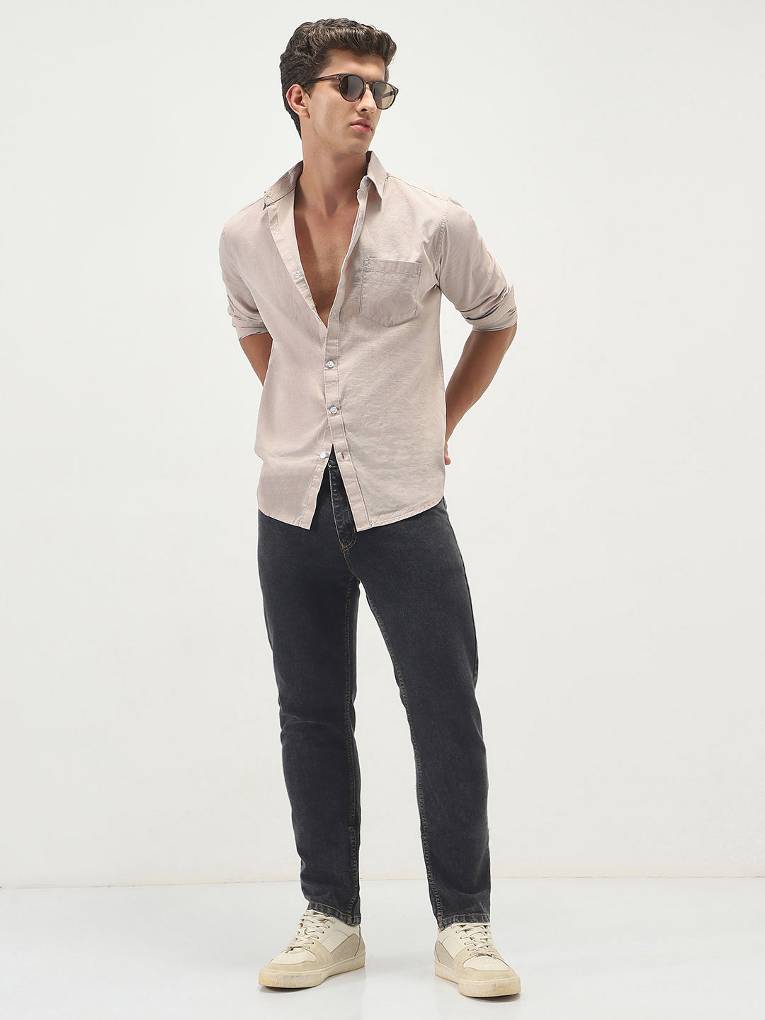Men's Brown Cotton Full Sleeve Regular Fit Casual Solid Slub Shirt with Spread Collar