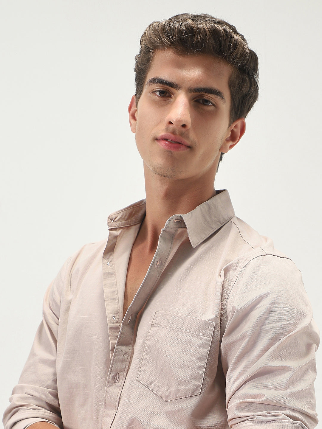 Men's Brown Cotton Full Sleeve Regular Fit Casual Solid Slub Shirt with Spread Collar