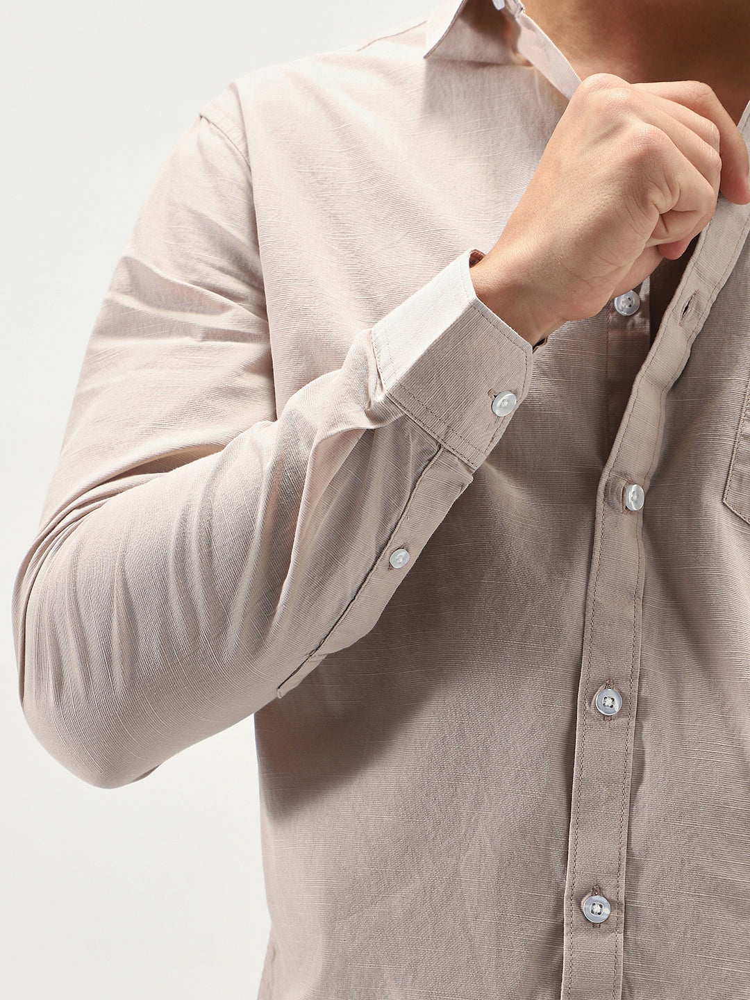 Men's Brown Cotton Full Sleeve Regular Fit Casual Solid Slub Shirt with Spread Collar