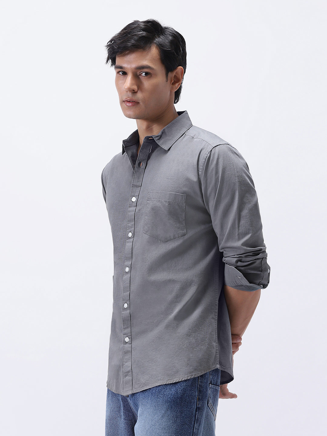 Men's Grey Cotton Full Sleeve Regular Fit Casual Solid Slub Shirt with Spread Collar