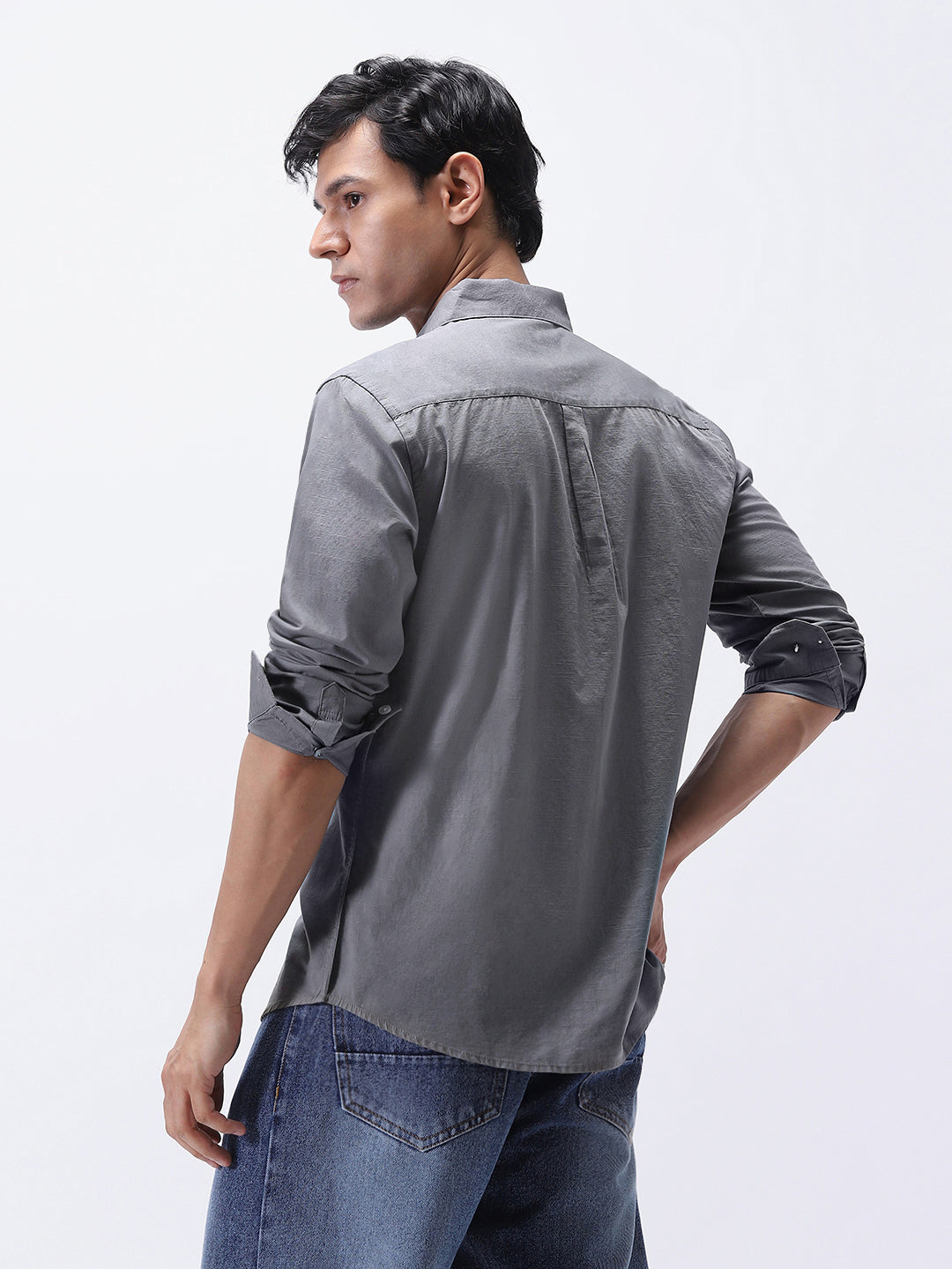 Men's Grey Cotton Full Sleeve Regular Fit Casual Solid Slub Shirt with Spread Collar