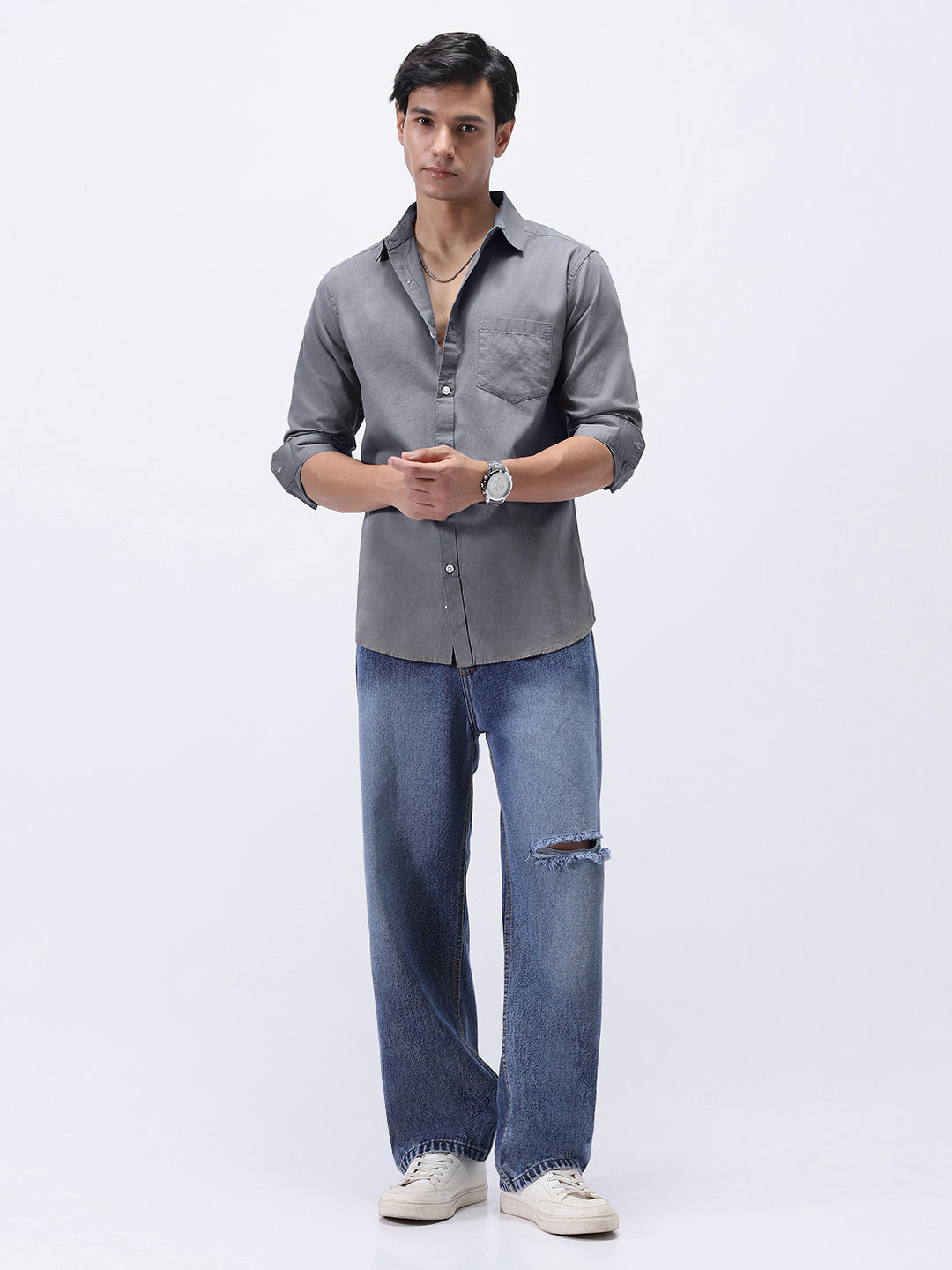 Men's Grey Cotton Full Sleeve Regular Fit Casual Solid Slub Shirt with Spread Collar