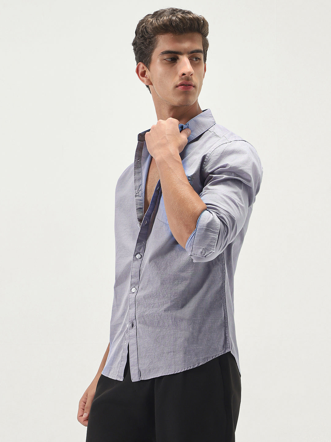 Men's Lavender Cotton Full Sleeve Regular Fit Casual Solid Slub Shirt with Spread Collar