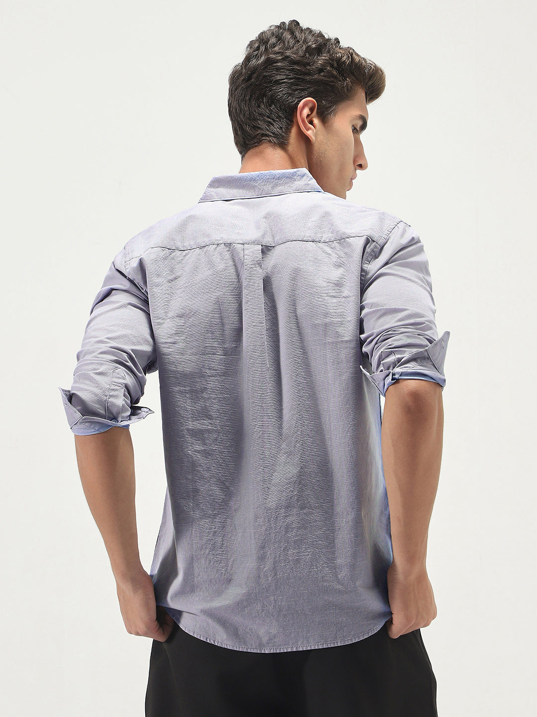 Men's Lavender Cotton Full Sleeve Regular Fit Casual Solid Slub Shirt with Spread Collar