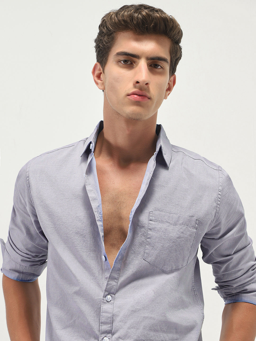 Men's Lavender Cotton Full Sleeve Regular Fit Casual Solid Slub Shirt with Spread Collar